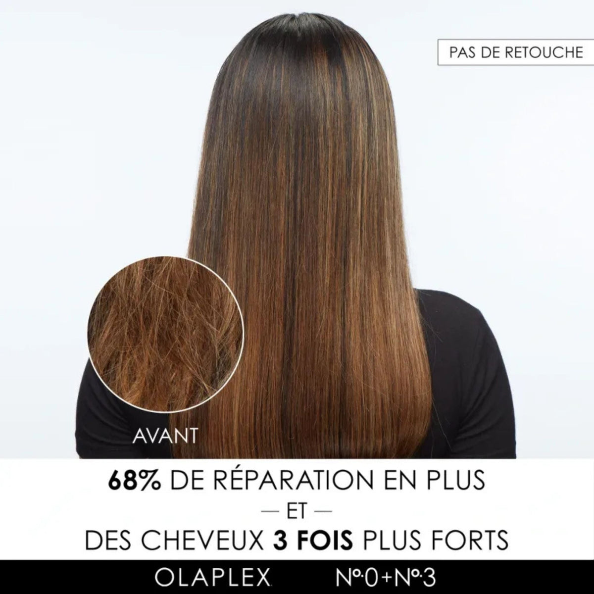 Refect Beauty Olaplex No.0 and No.3 treatment results showing smooth, repaired hair compared to damaged before state.
