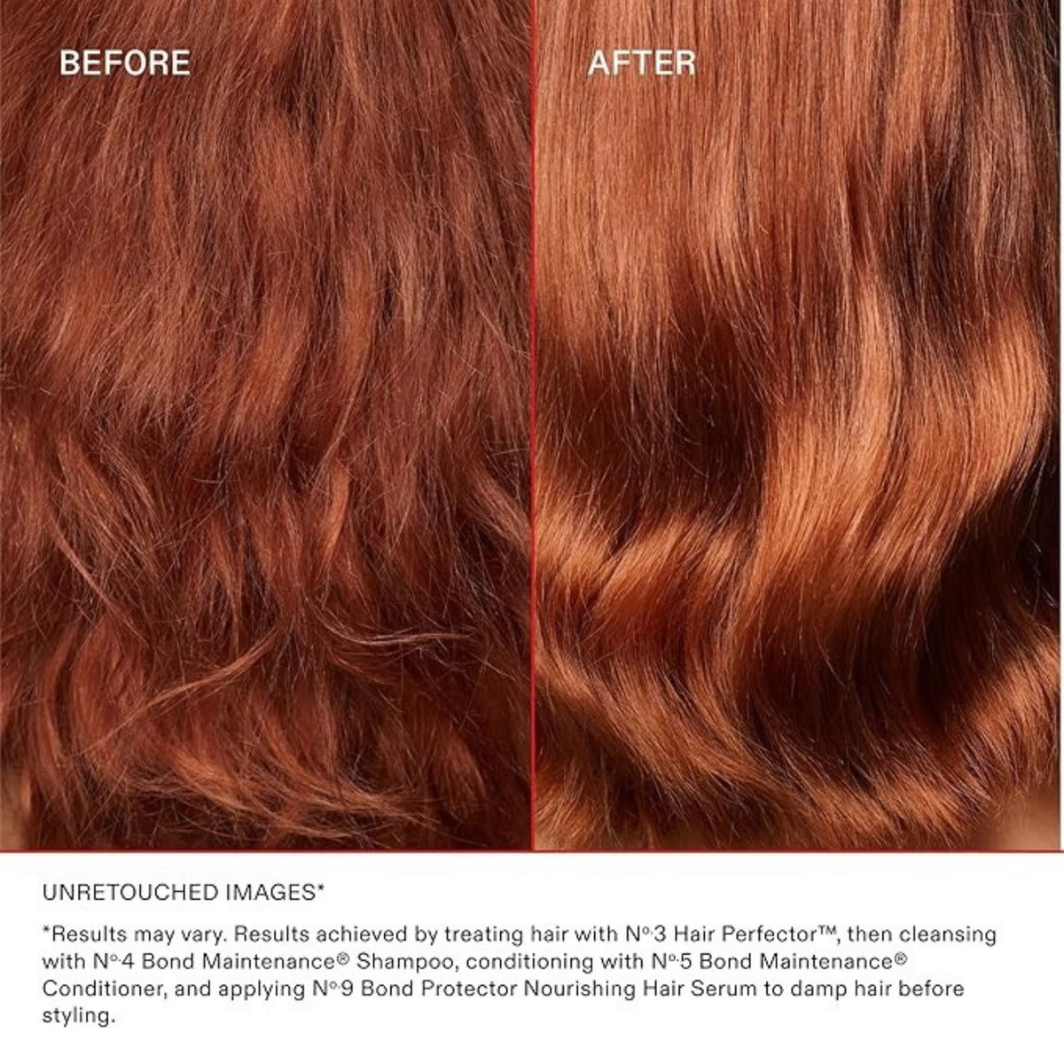 Refect Beauty before and after comparison of red hair treated with Olaplex No.4 Bond Maintenance Shampoo