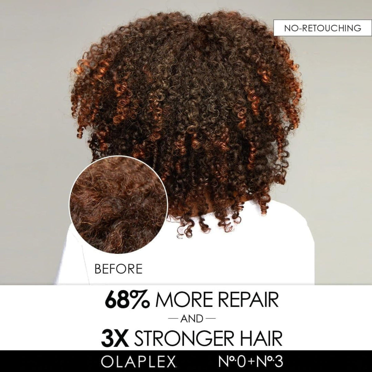 Refect Beauty Olaplex No.3 Hair Perfector treatment showing curly hair before and after repair and strengthening