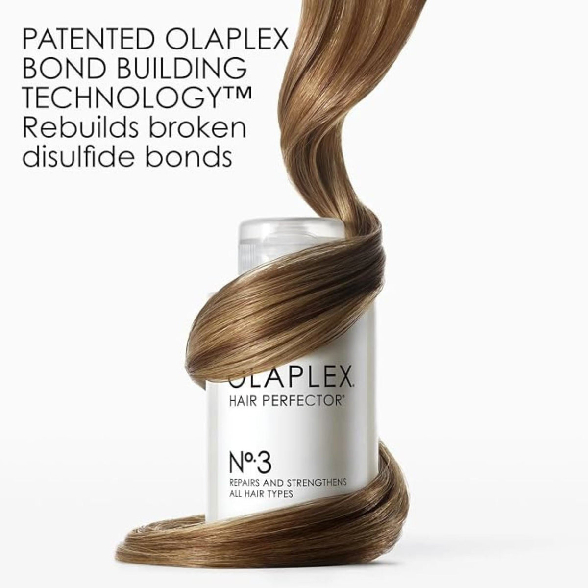 Refect Beauty Olaplex No.3 Hair Perfector bottle wrapped in a lock of healthy brown hair