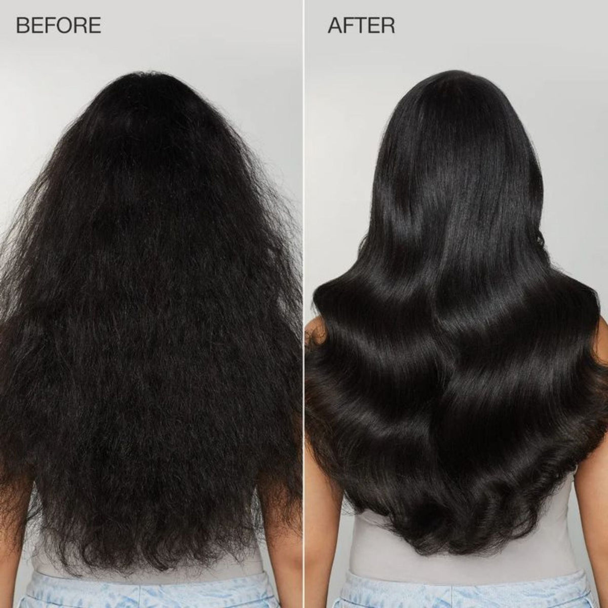 Refect Beauty Olaplex No.3 Hair Perfector before and after results showing smoother, shinier, and less frizzy hair.