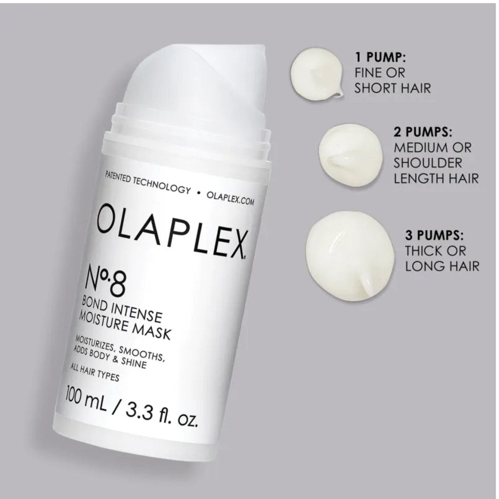 Refect Beauty Olaplex No.8 Bond Intense Moisture Mask bottle with a dosage guide for different hair lengths.