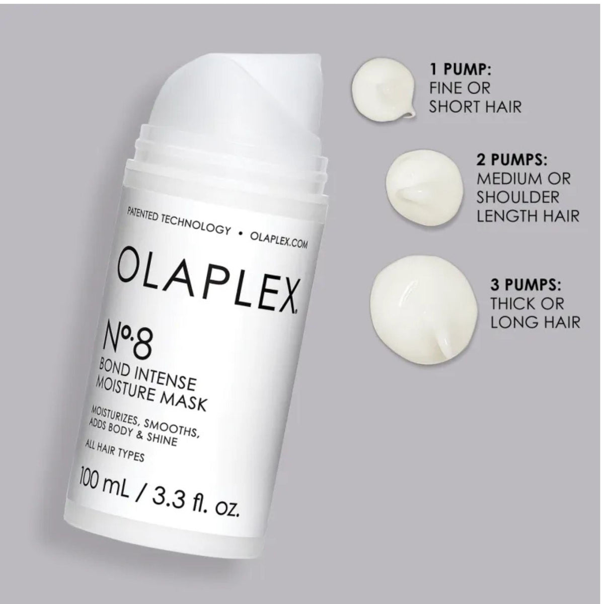 Refect Beauty Olaplex No.8 Bond Intense Moisture Mask bottle with a dosage guide for different hair lengths.