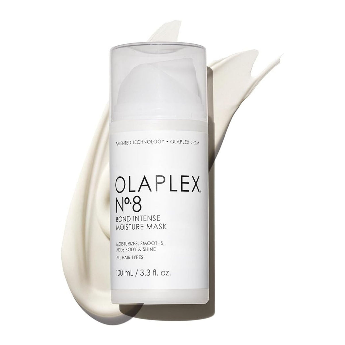 Refect Beauty Olaplex No. 8 Bond Intense Moisture Mask bottle with a creamy hair treatment swirl on a white background.