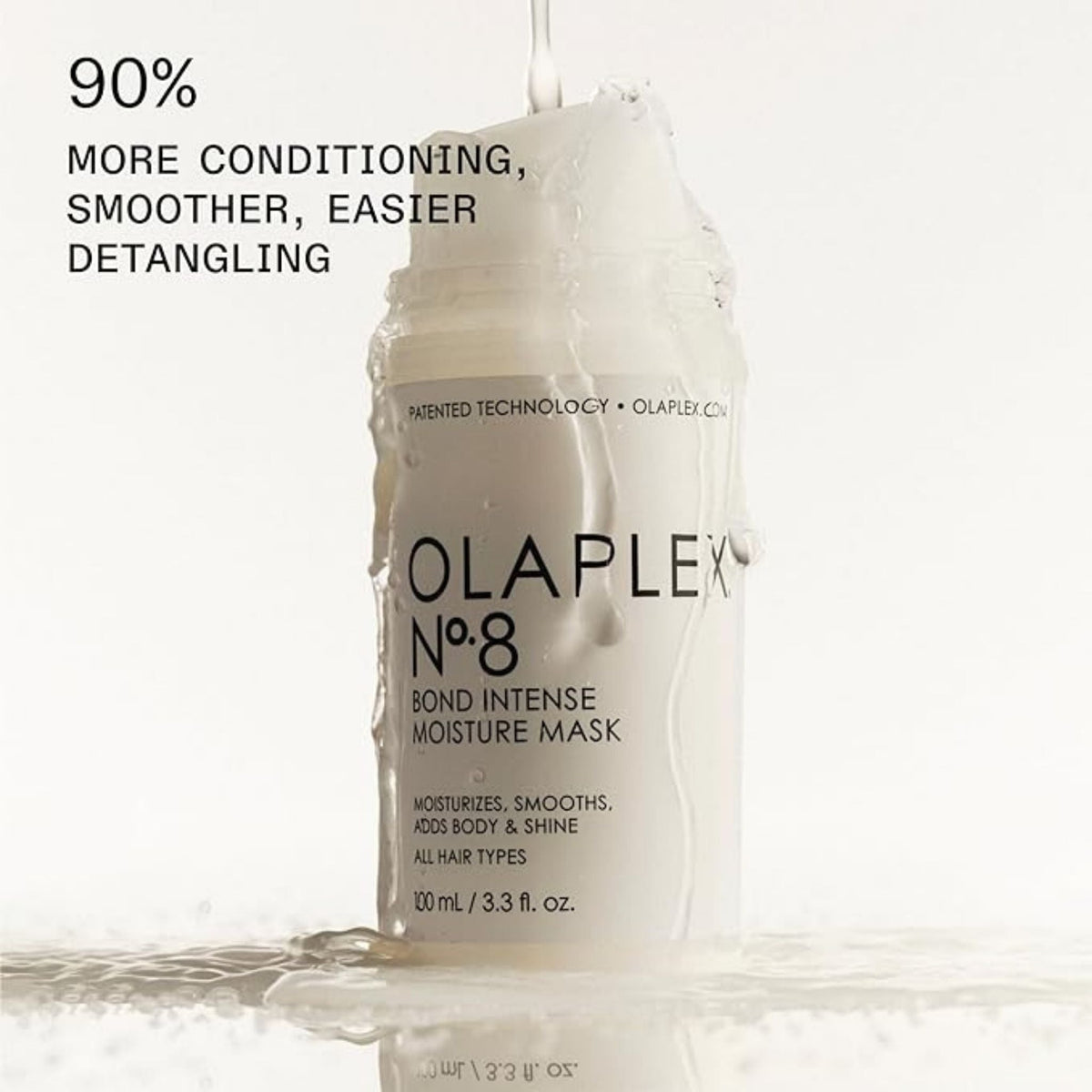 Refect Beauty Olaplex No. 8 Bond Intense Moisture Mask bottle with water dripping over the white packaging