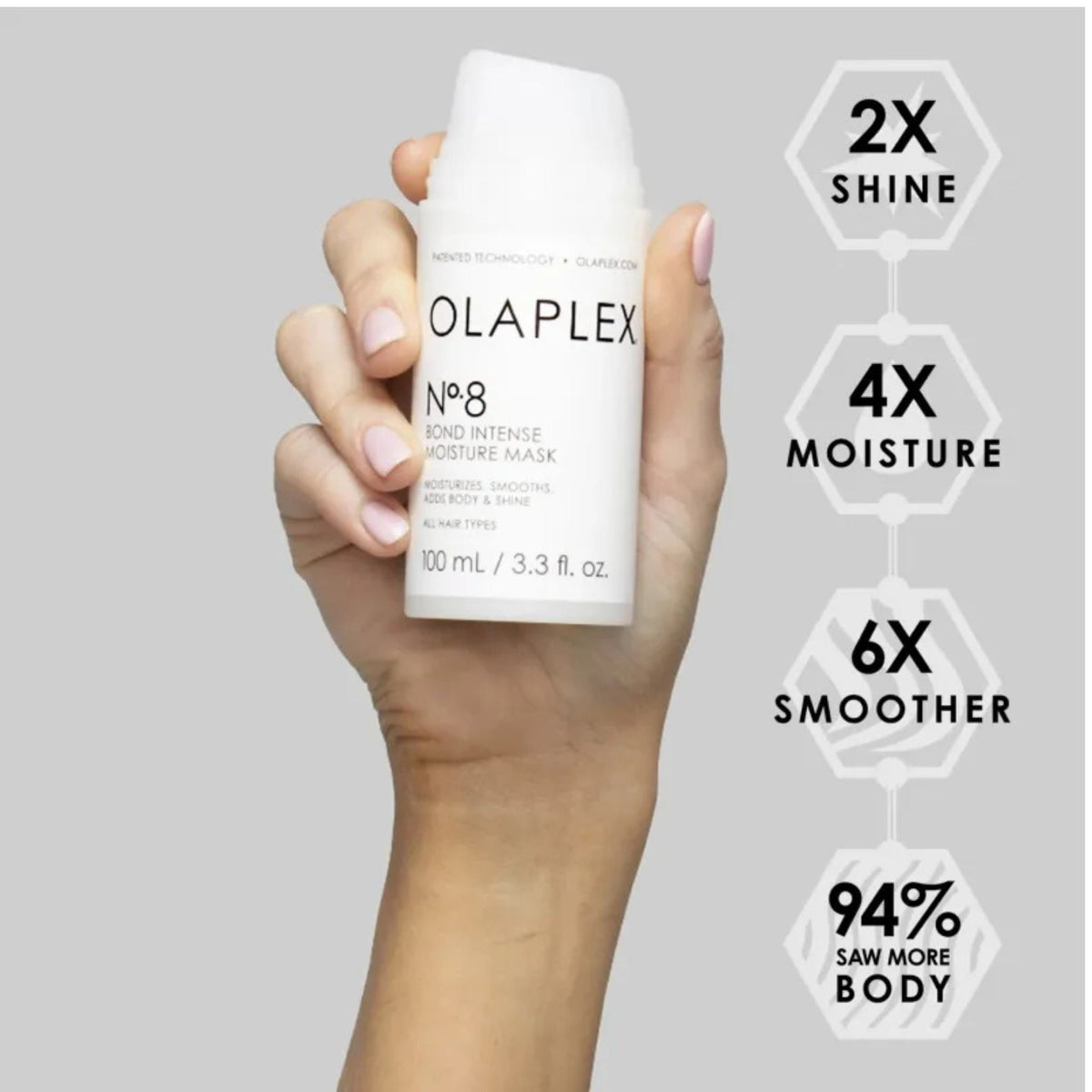 Refect Beauty Olaplex No.8 Bond Intense Moisture Mask bottle held in hand with clinical results infographic