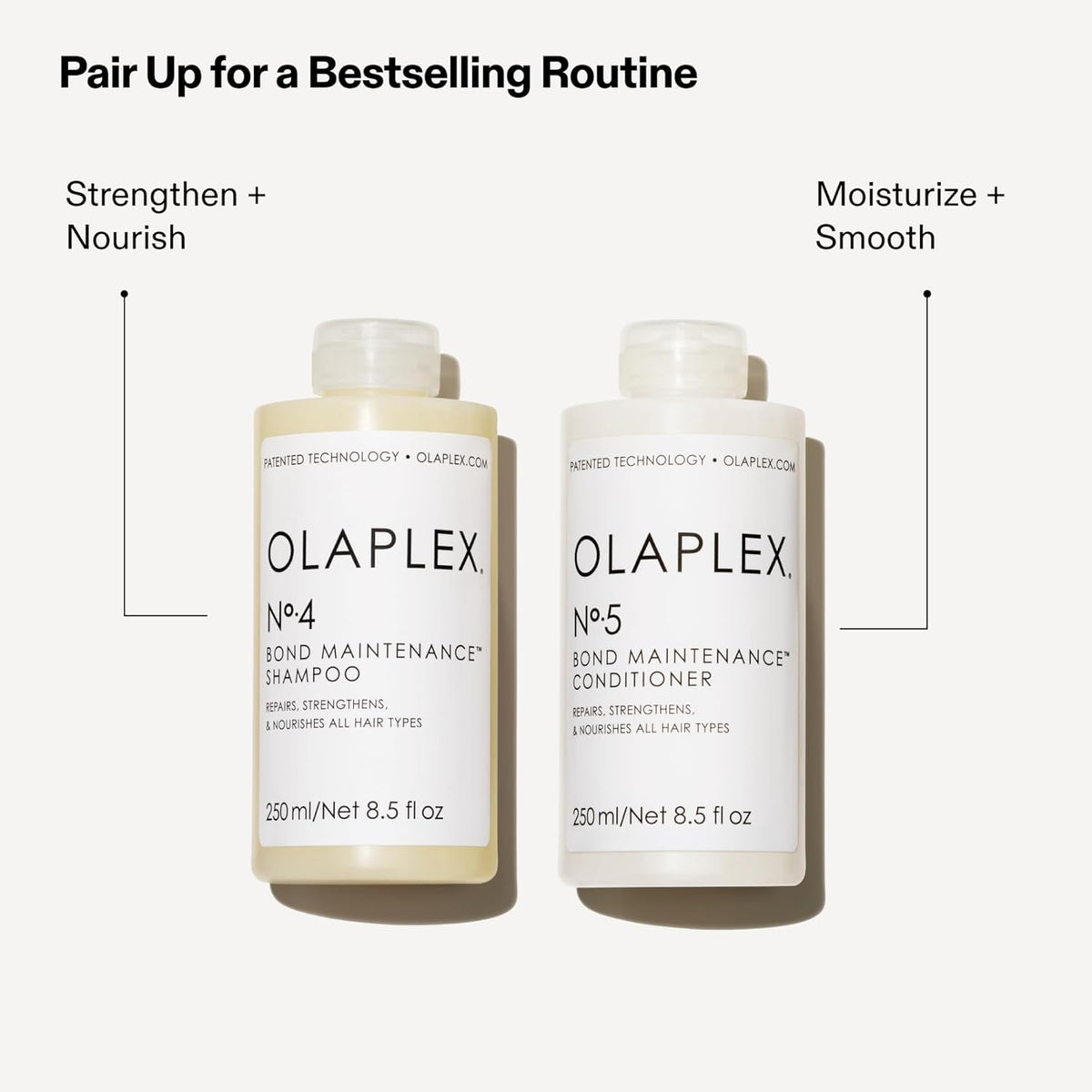 Refect Beauty Olaplex No.4 shampoo and No.5 conditioner bottles for strengthening, nourishing, and smoothing hair.