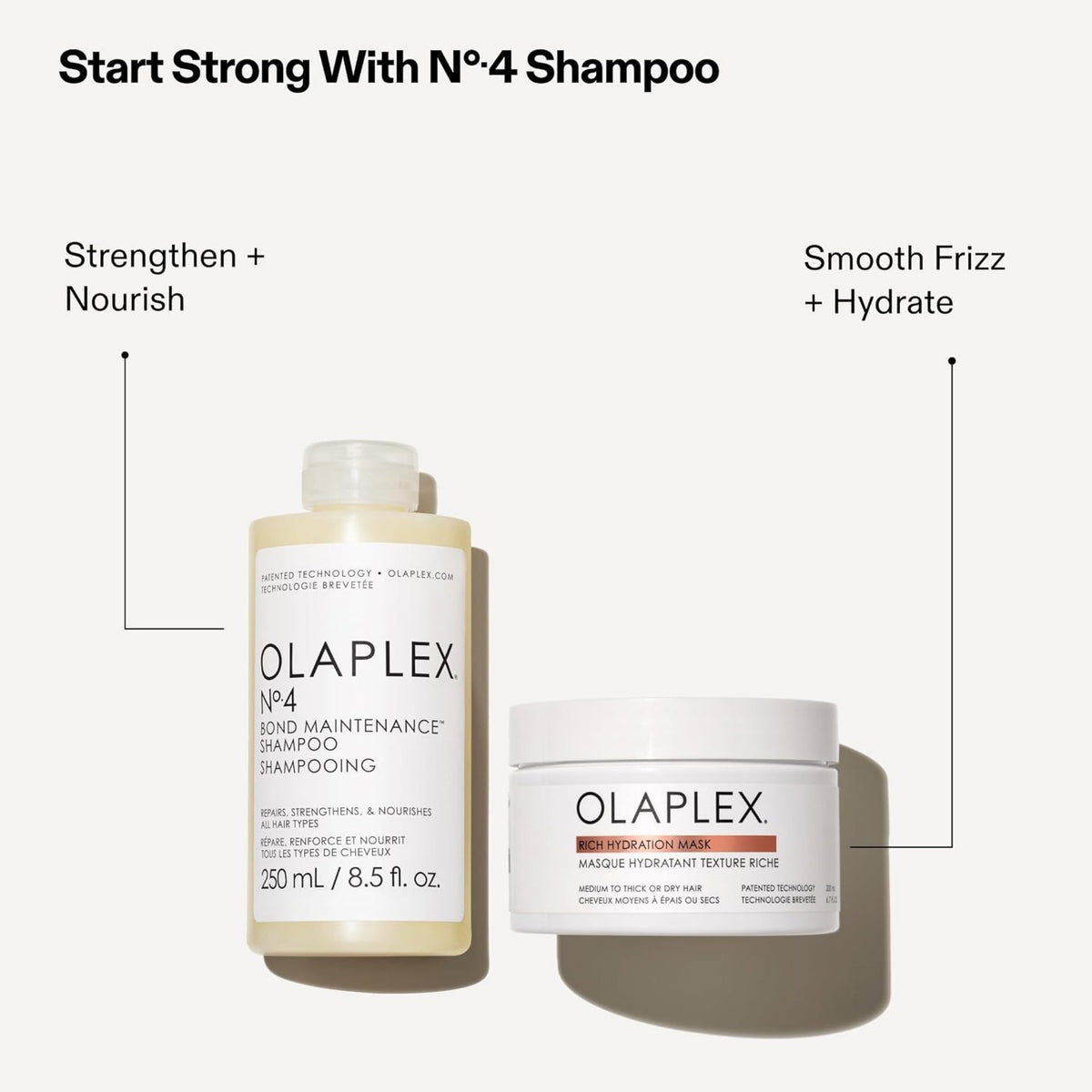 Refect Beauty Olaplex No.4 Bond Maintenance Shampoo and Rich Hydration Mask for dry, damaged hair care.