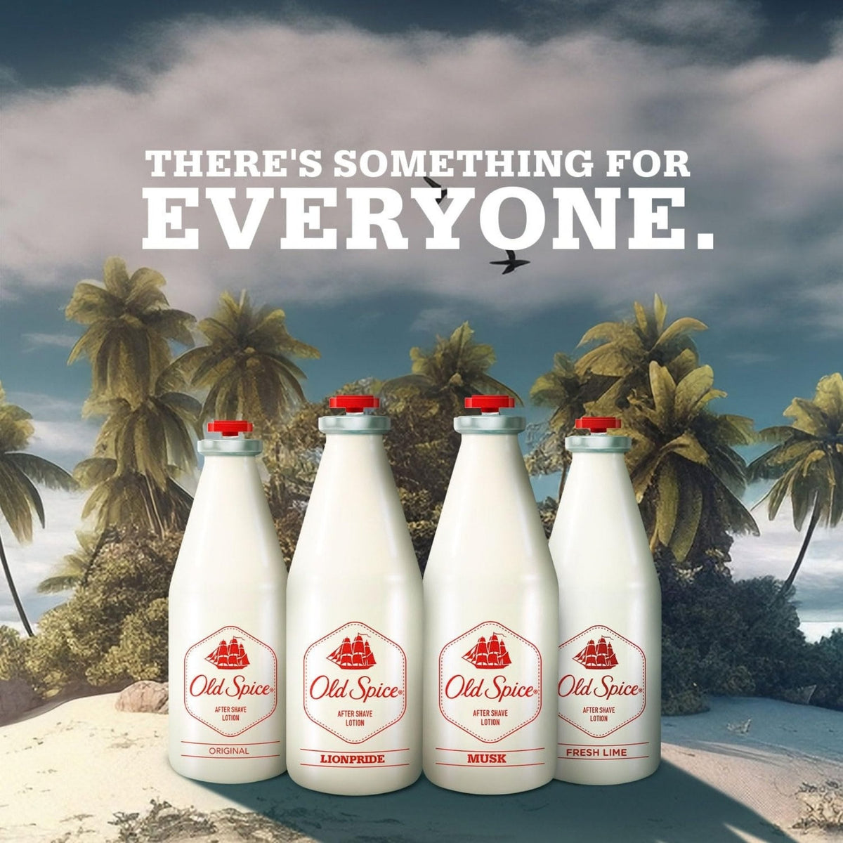 Refect Beauty Old Spice after shave lotion bottles in Original, Lionpride, Musk, and Fresh Lime scents on a beach.