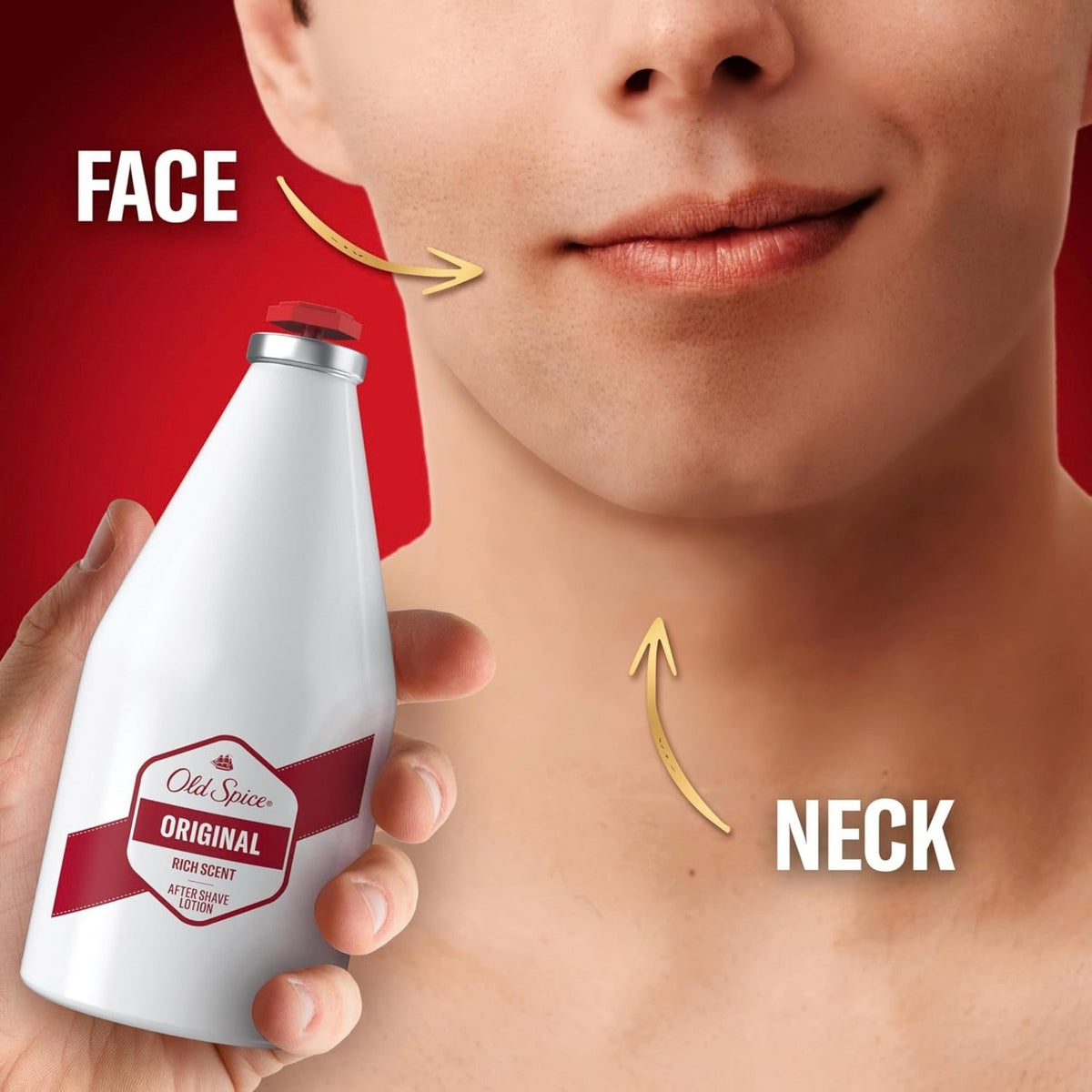 Refect Beauty Old Spice Original after shave lotion bottle held by a man, showing application on face and neck.