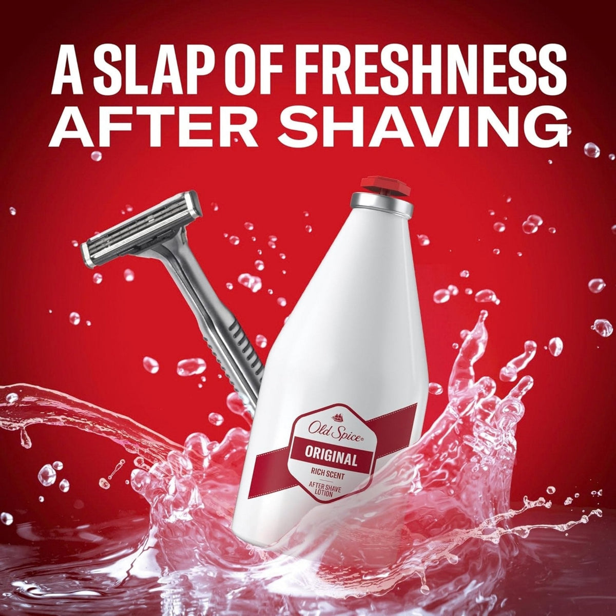 Refect Beauty Old Spice Original after shave lotion bottle and razor splashing in water against a red background