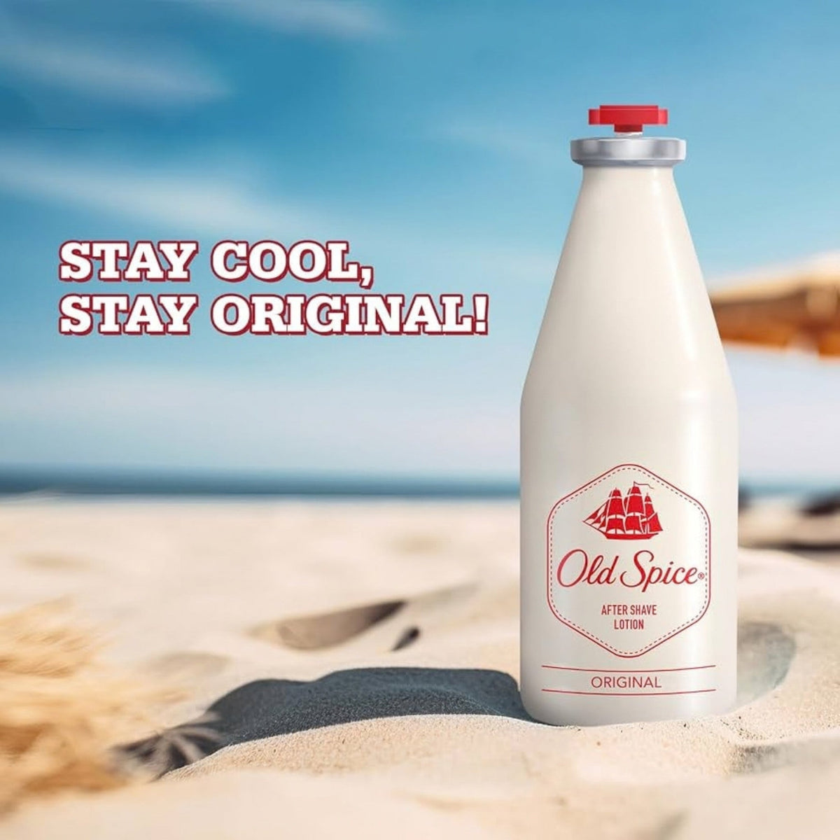 Refect Beauty Old Spice Original after shave lotion bottle on a sunny beach with a classic ship logo design.