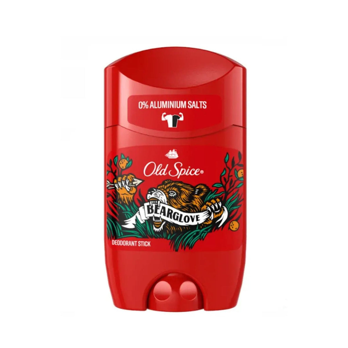 Refect Beauty Old Spice Bearglove deodorant stick in a red container with bear illustration and 0% aluminium salts