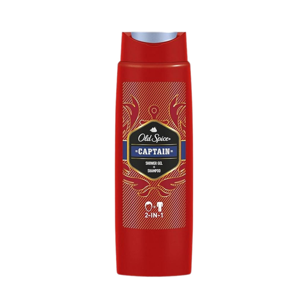 Refect Beauty Old Spice Captain 3-in-1 shampoo, body, and face wash in a red bottle with nautical-themed label.