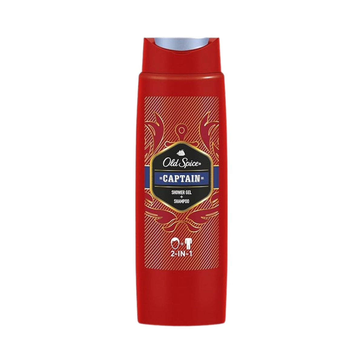 Refect Beauty Old Spice Captain 3-in-1 shampoo, body, and face wash in a red bottle with nautical-themed label.