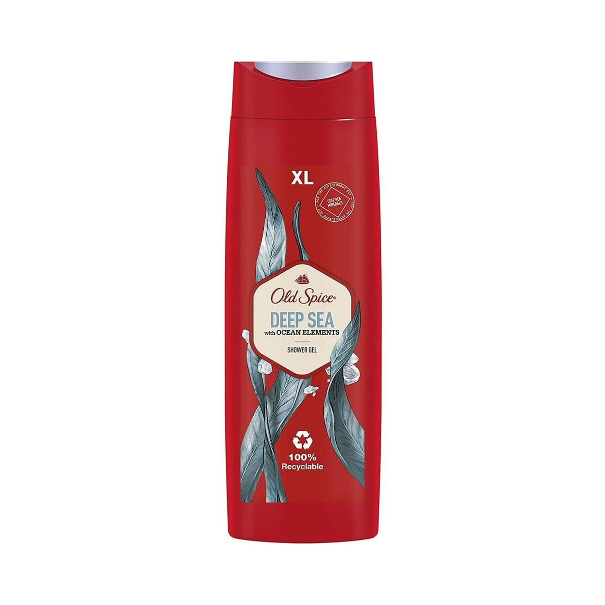Refect Beauty Old Spice Deep Sea shower gel in a red bottle with ocean-inspired graphics and a recyclable label.