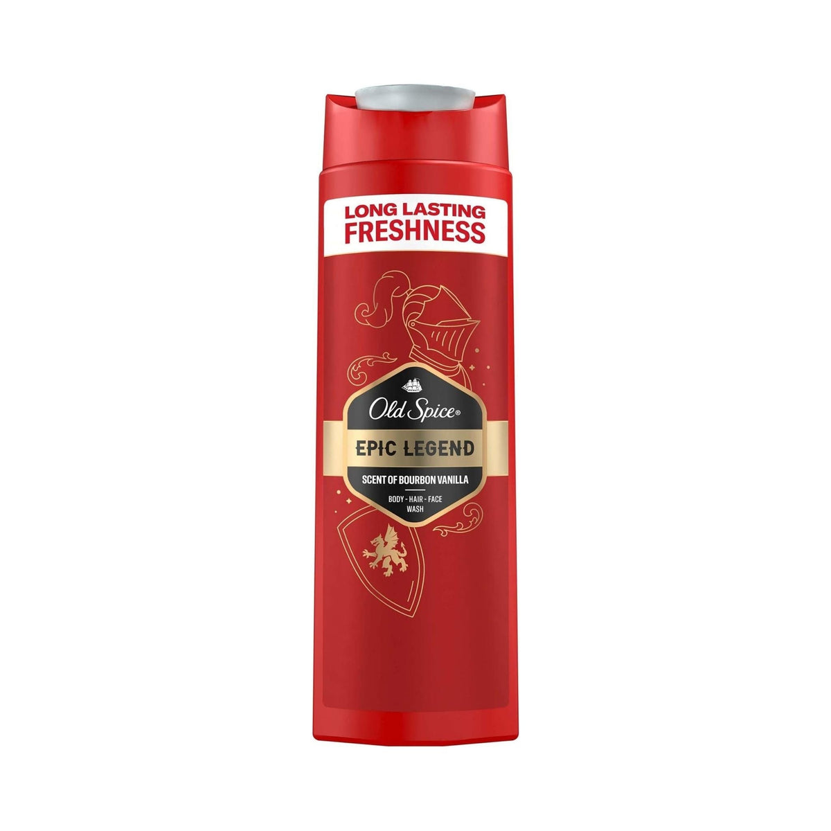Refect Beauty Old Spice Epic Legend shower gel bottle with red packaging and bourbon vanilla scent branding