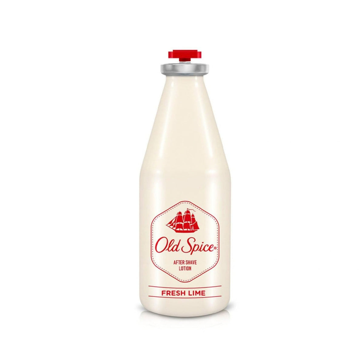Refect Beauty Old Spice Fresh Lime after shave lotion in a classic glass bottle with a red cap.