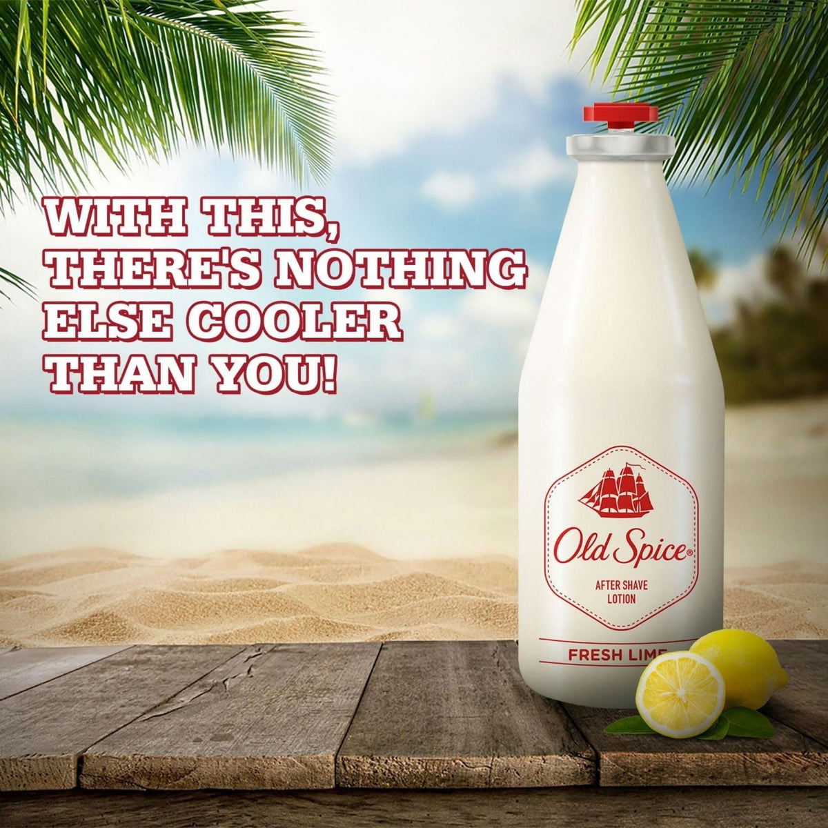 Refect Beauty Old Spice Fresh Lime after shave lotion bottle on a wooden table with lemons on a tropical beach.