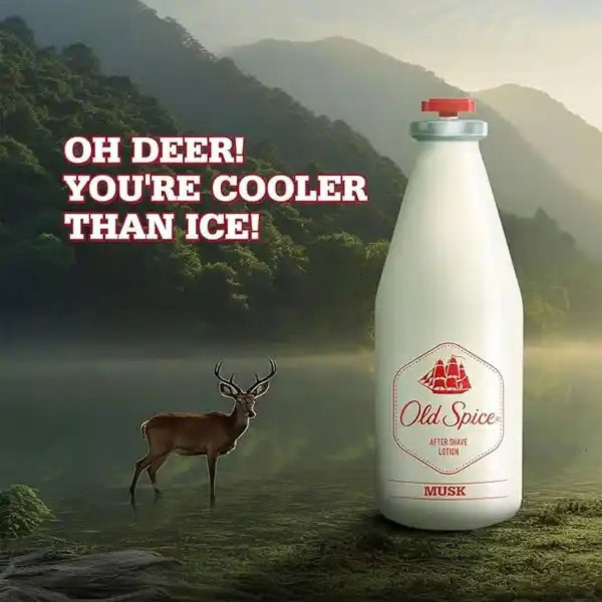Refect Beauty Old Spice Musk After Shave Lotion bottle standing in a misty forest landscape with a deer nearby.