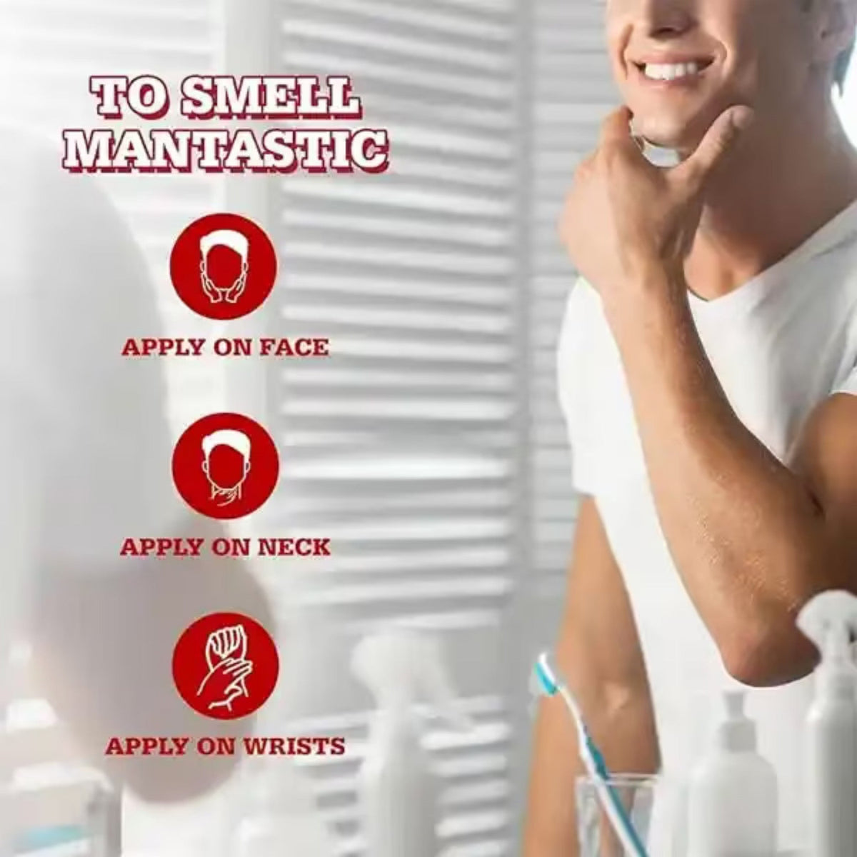 Refect Beauty Old Spice Musk after shave lotion application guide showing a man applying fragrance to face and neck