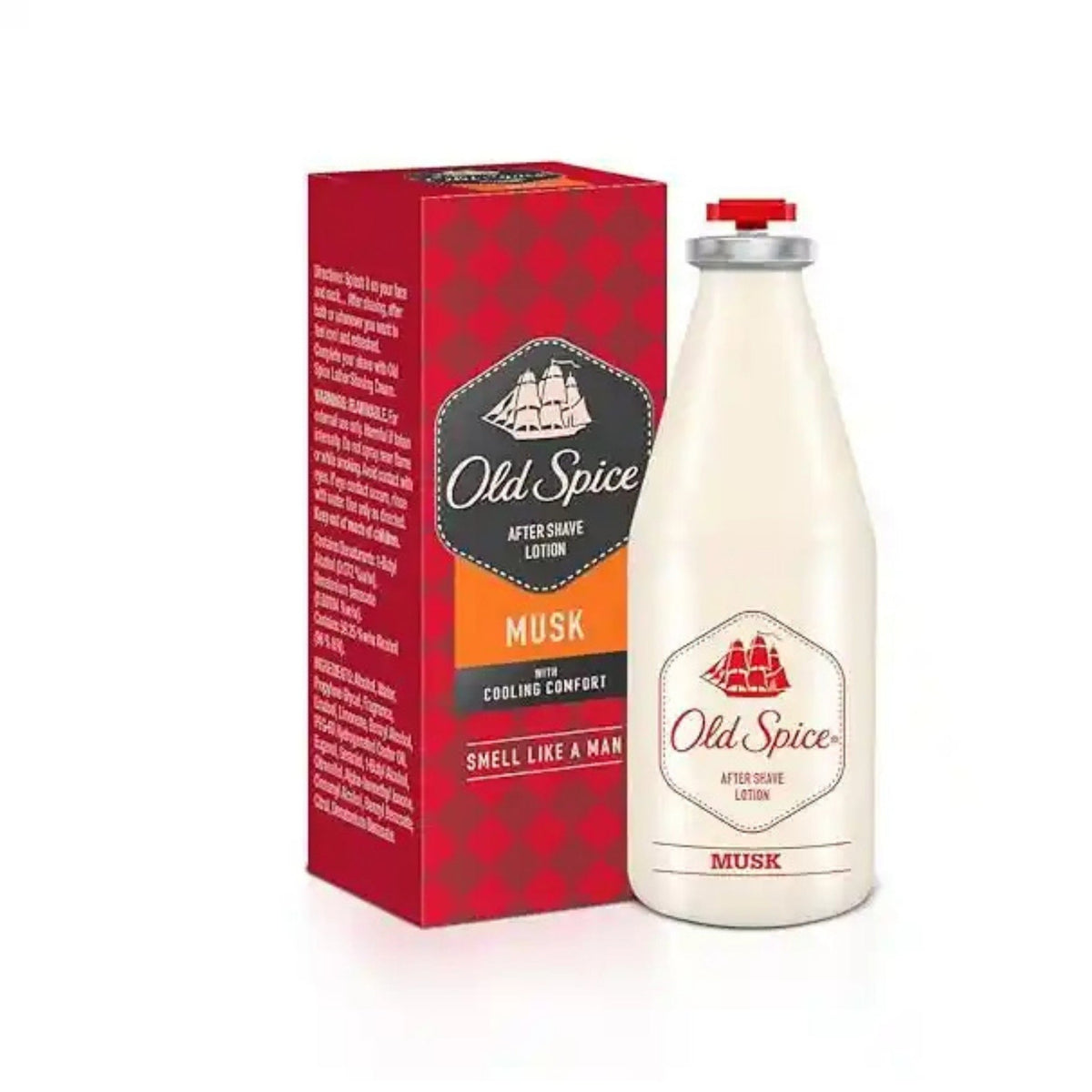 Refect Beauty Old Spice Musk after shave lotion bottle and red packaging box with classic ship logo design.