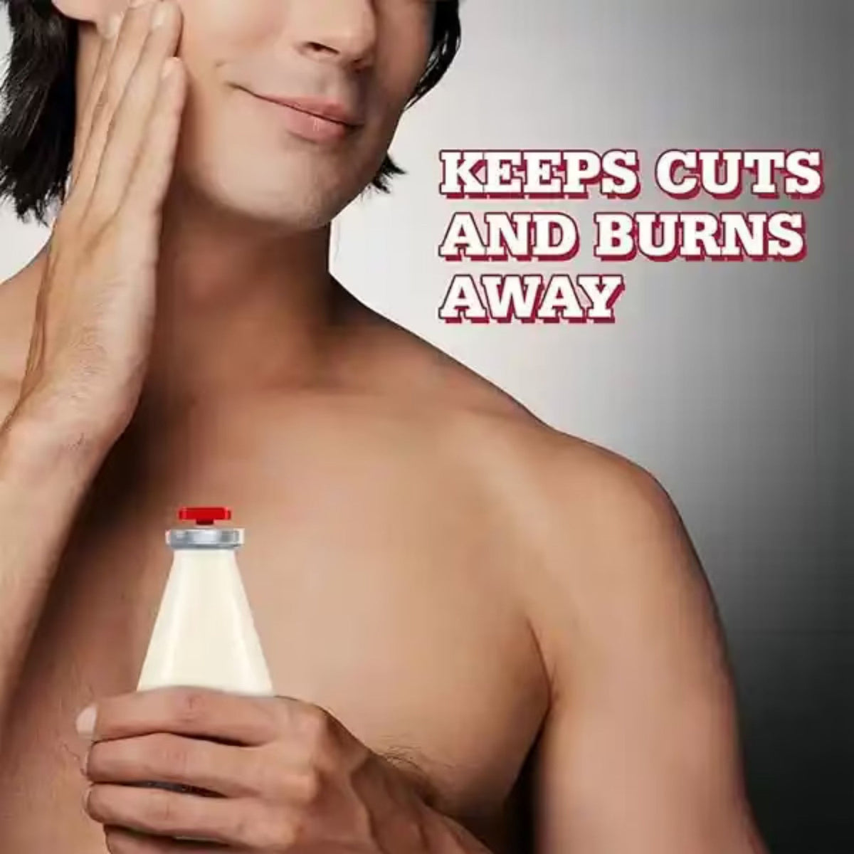 Refect Beauty Old Spice Musk after shave lotion bottle held by a man applying it to his face to soothe razor burn.