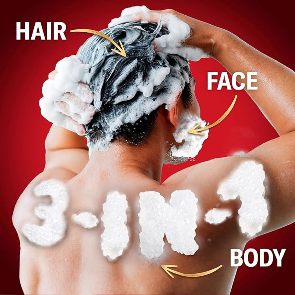 Refect Beauty Old Spice Night Panther 3-in-1 hair, face, and body wash with rich lather on a man's back