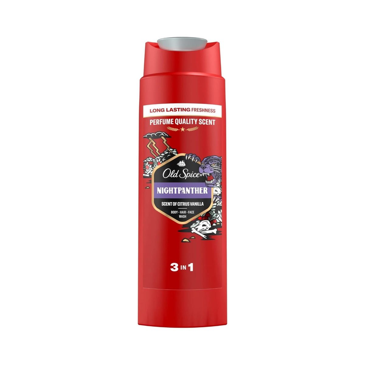 Refect Beauty Old Spice Night Panther 3-in-1 body, hair, and face wash in a red bottle with panther graphic design.