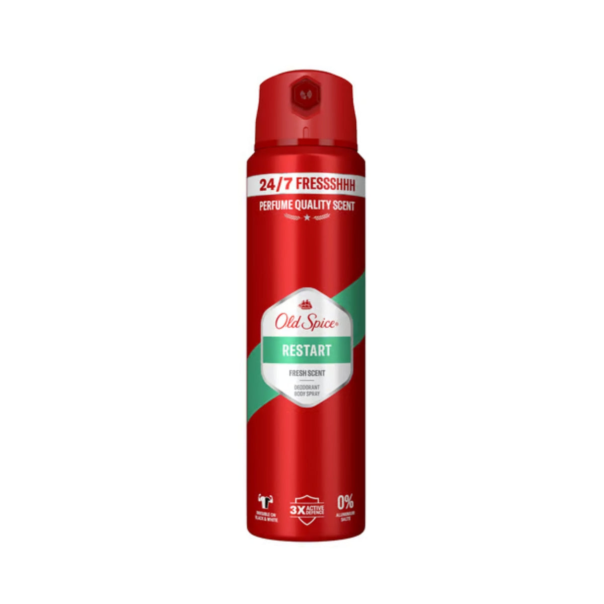 Refect Beauty Old Spice Restart deodorant body spray in a red aerosol can with green accent and fresh scent label.