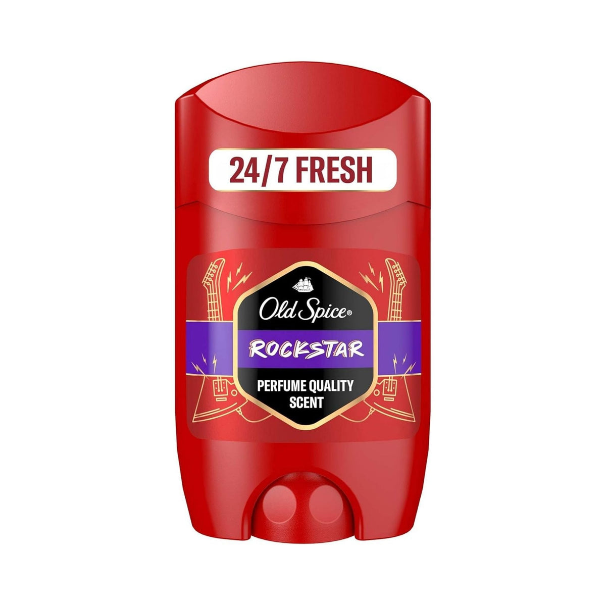Refect Beauty Old Spice Rockstar deodorant stick in a red container with 24/7 fresh label and guitar graphic