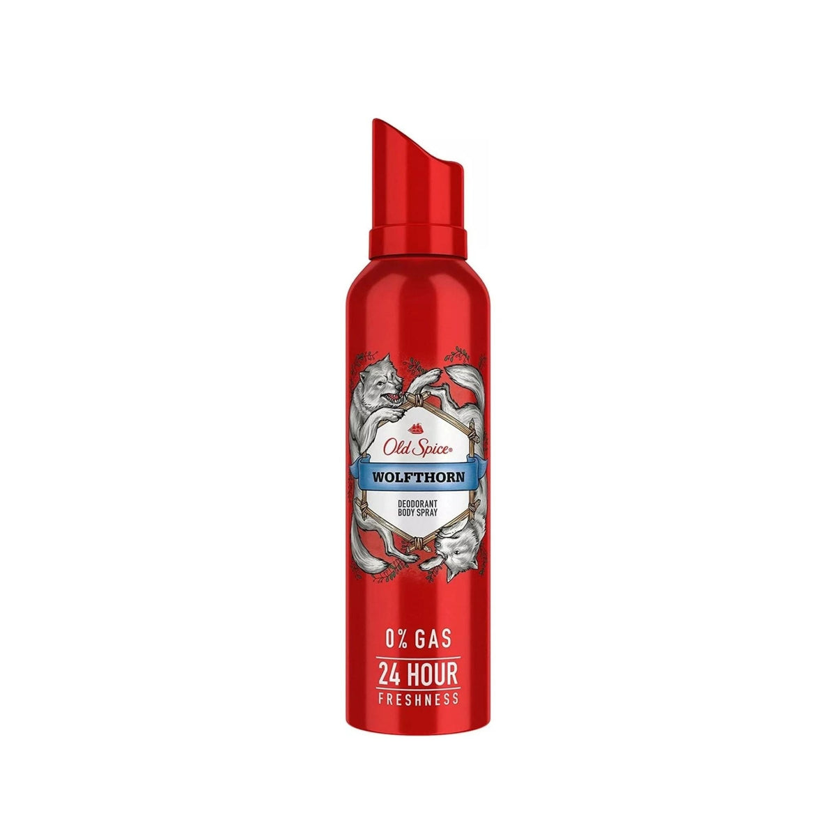 Refect Beauty Old Spice Wolfthorn deodorant body spray in a red aerosol can with wolf illustration