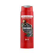 Refect Beauty Old Spice Wolfthorn 3-in-1 shower gel in a red bottle with a wolf and moon graphic design