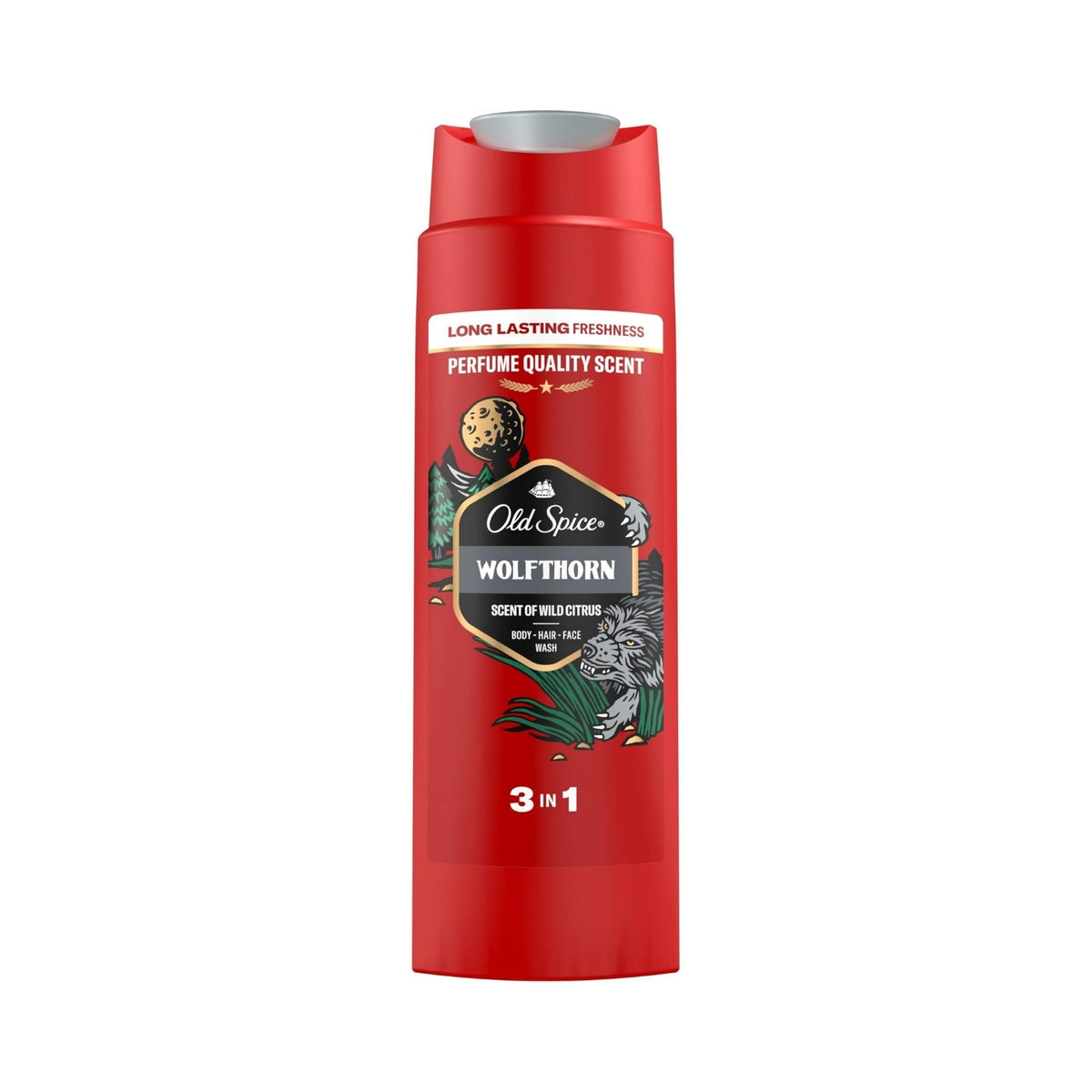 Refect Beauty Old Spice Wolfthorn 3-in-1 shower gel in a red bottle with a wolf and moon graphic design