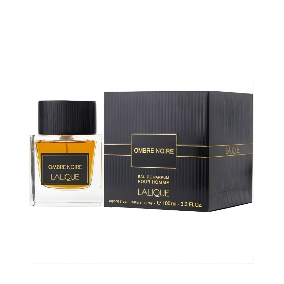 Refect Beauty Ombre Noire by Lalique eau de parfum for men featuring a glass bottle and black box with gold text.
