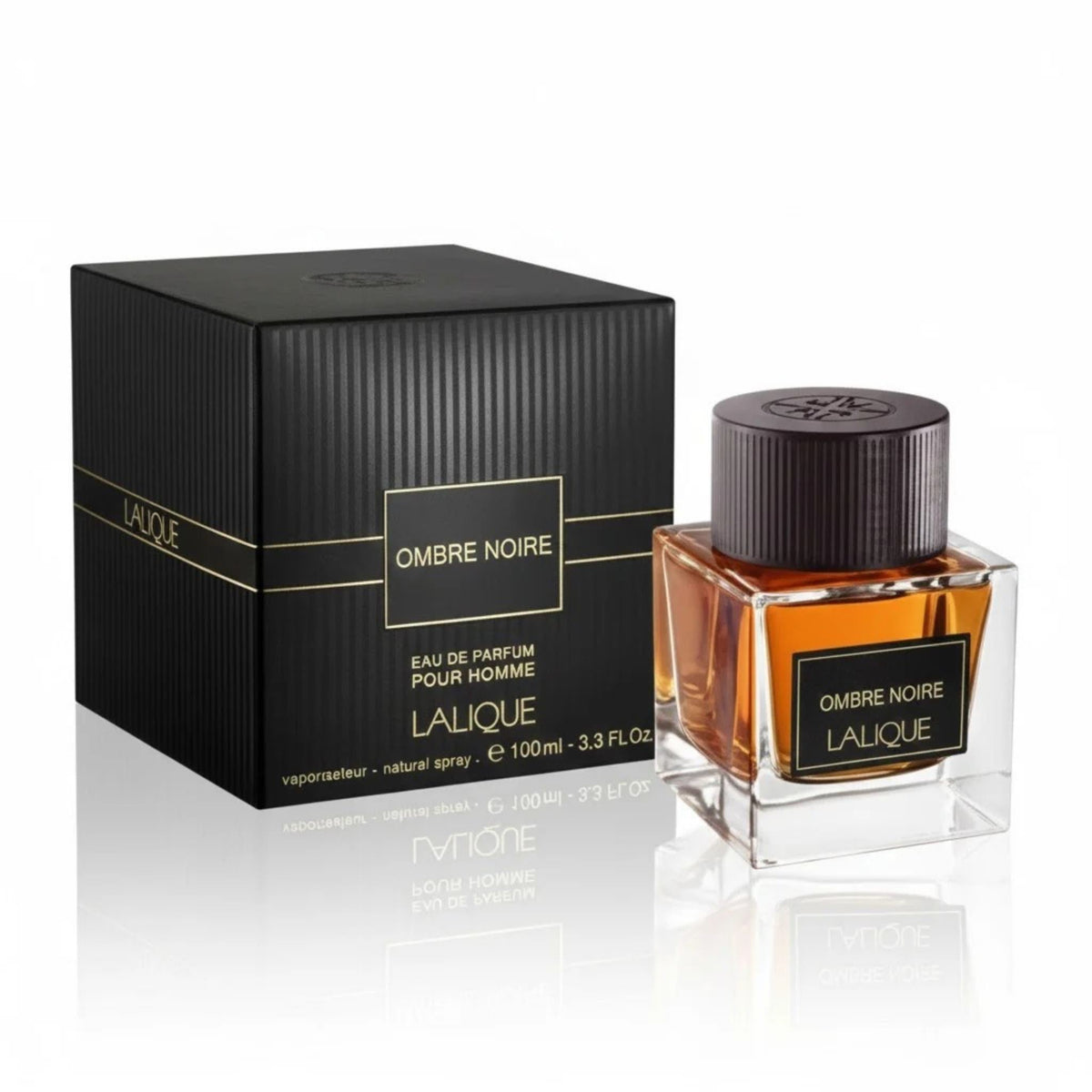 Refect Beauty Ombre Noire by Lalique eau de parfum for men with its elegant black box and amber glass bottle