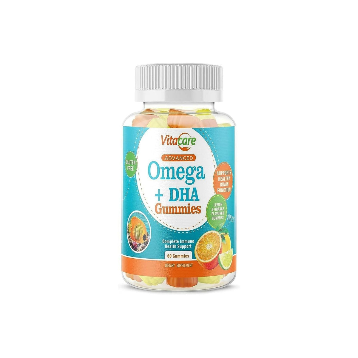 Refect Beauty VitaCare Omega plus DHA gummy supplement bottle with citrus fruit imagery on a white background.