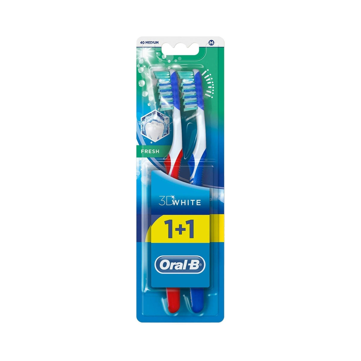Refect Beauty Oral-B 3D White Fresh medium toothbrushes in a two-pack with blue and red ergonomic handles