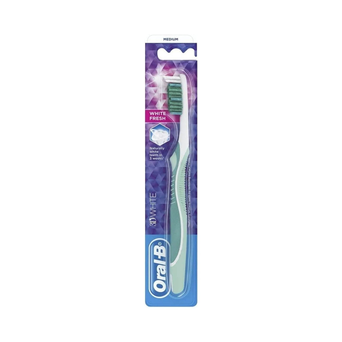 Refect Beauty Oral-B 3D White medium toothbrush in original purple and blue packaging for daily stain removal