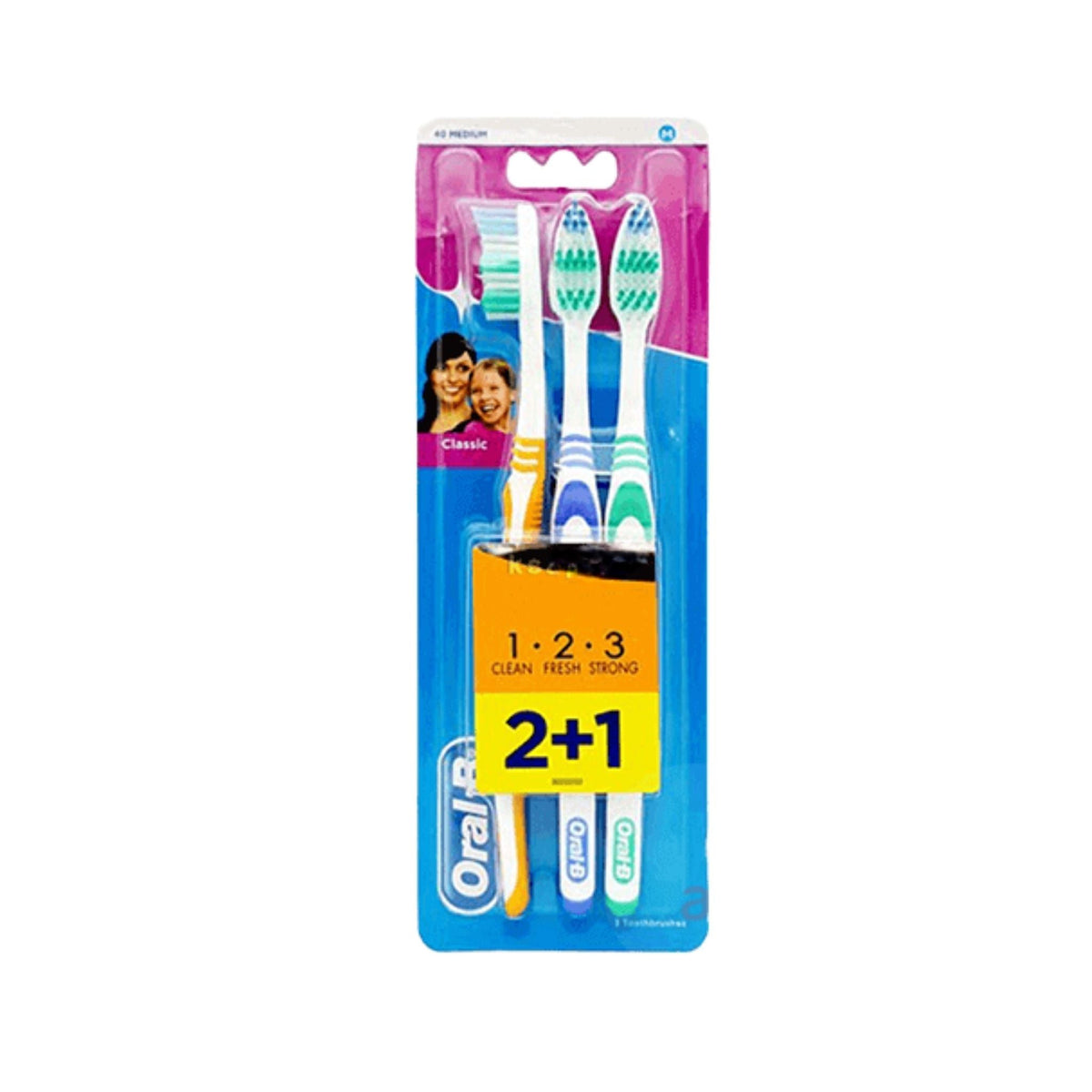 Refect Beauty Oral-B Classic Care 123 medium bristle toothbrushes in a 2 plus 1 pack with ergonomic handles
