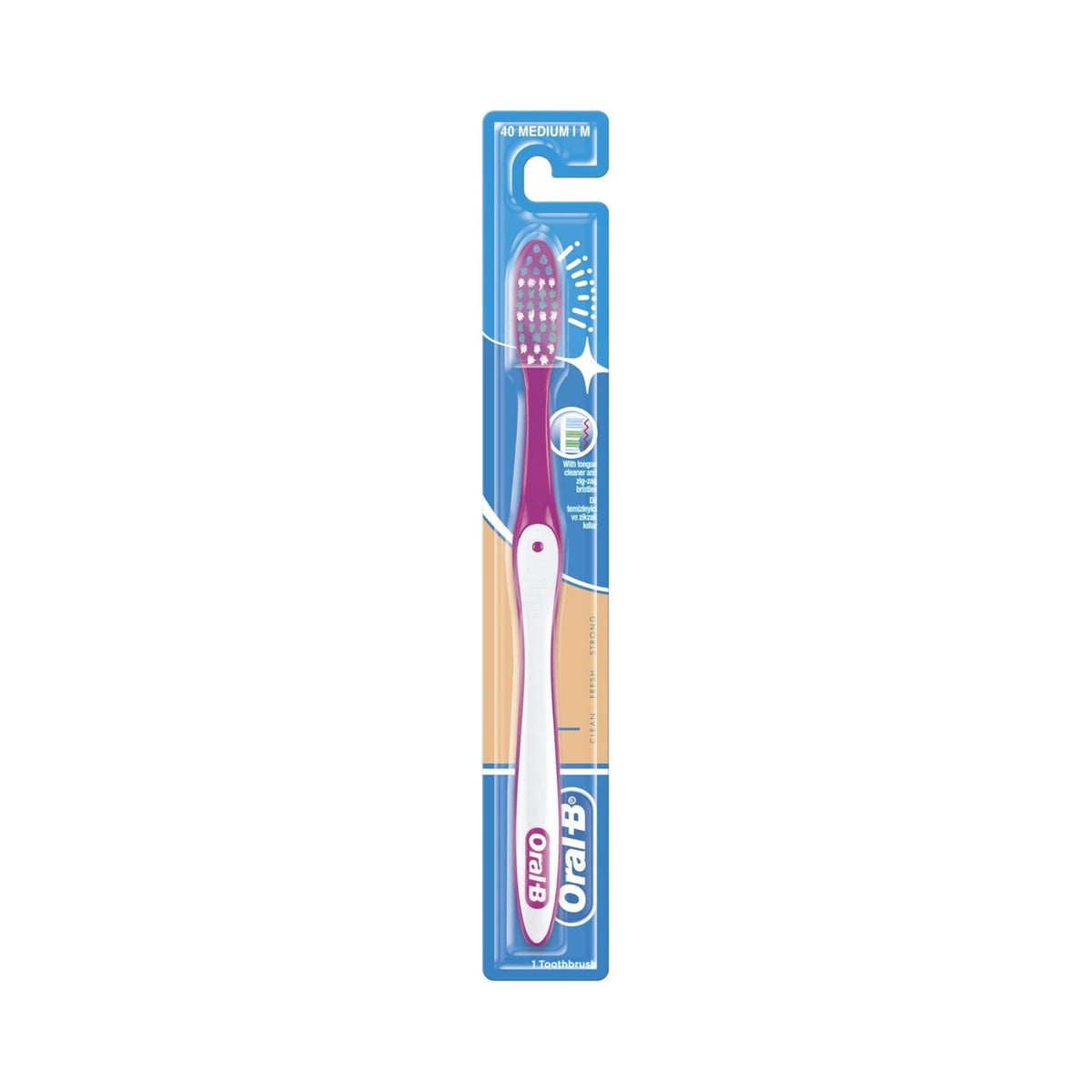 Refect Beauty Oral-B 123 Classic medium manual toothbrush with a purple head and white ergonomic handle in packaging.