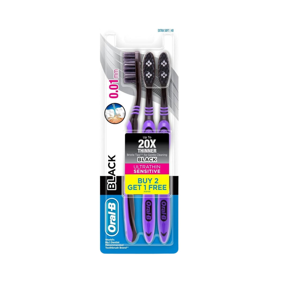 Refect Beauty Oral-B Ultrathin Sensitive black manual toothbrushes with extra soft bristles in a 3-pack blister card.