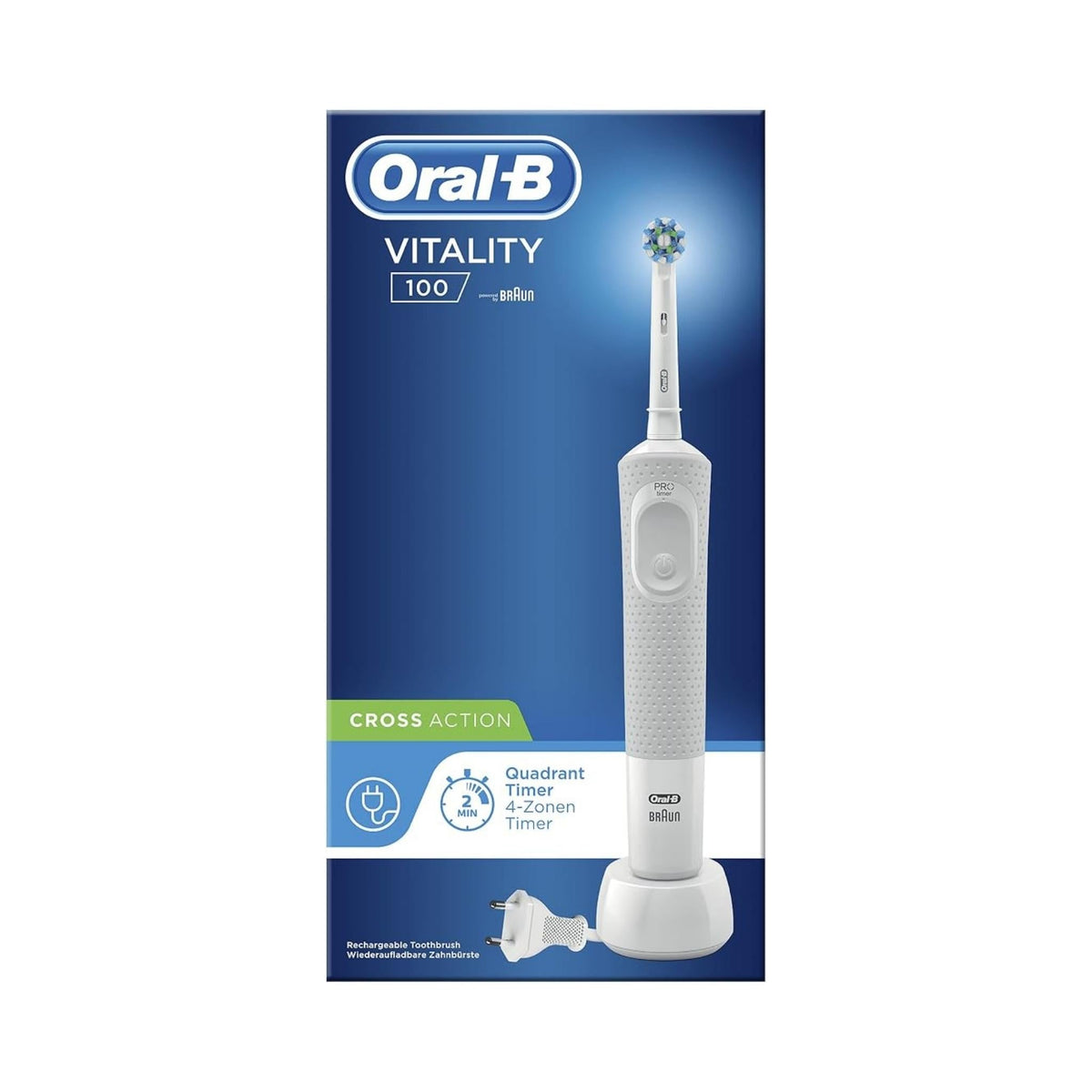 Refect Beauty Oral-B Vitality 100 CrossAction electric toothbrush with white handle and charging base in packaging
