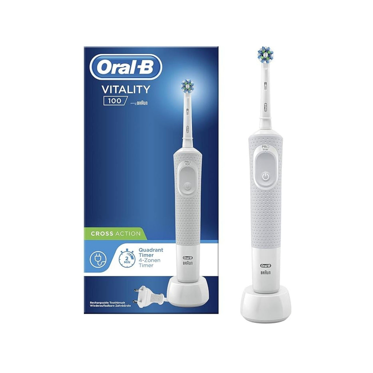 Refect Beauty Oral-B Vitality 100 CrossAction electric toothbrush in white with charging base and product packaging