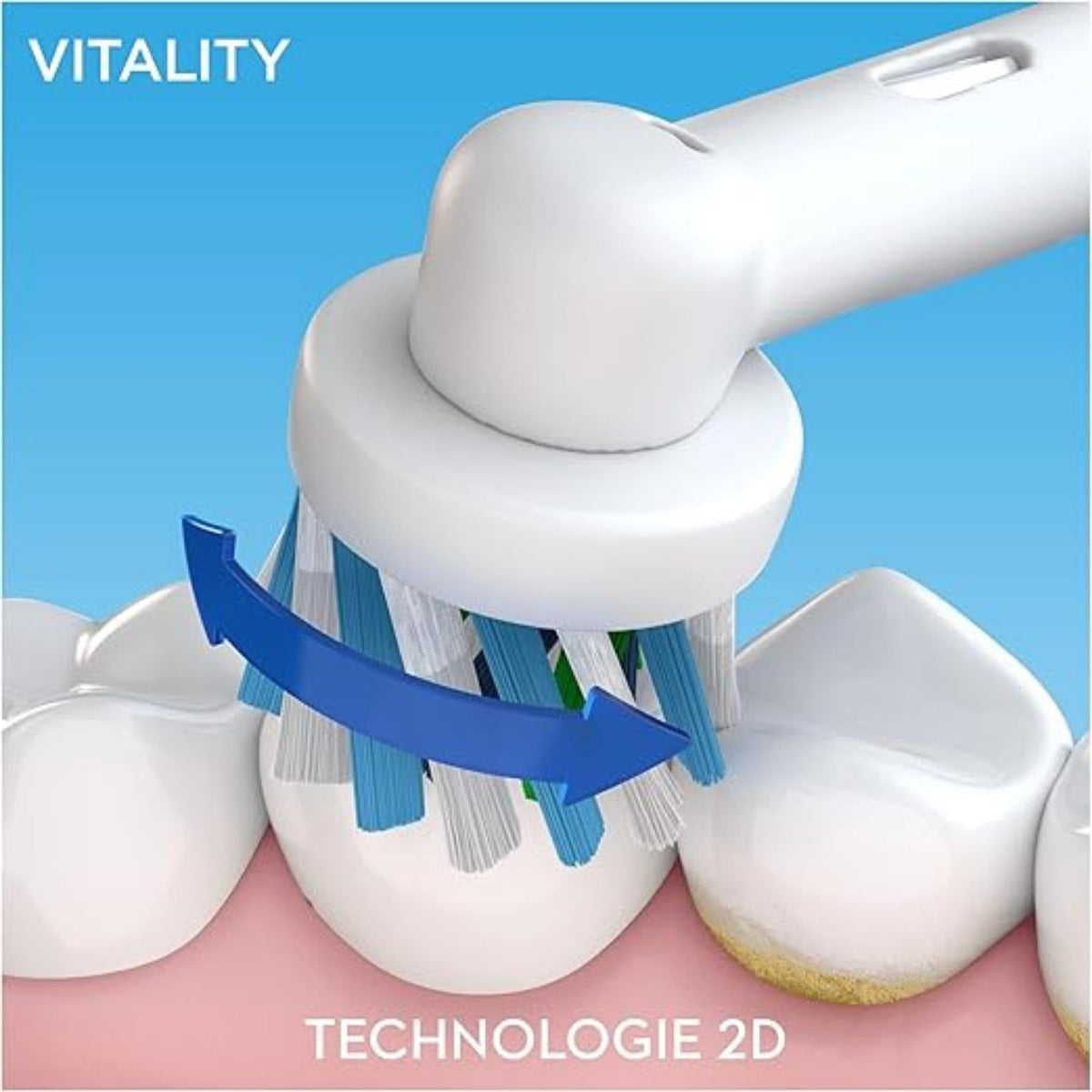 Refect Beauty Oral-B Vitality 100 electric toothbrush head showing 2D cleaning action on white teeth