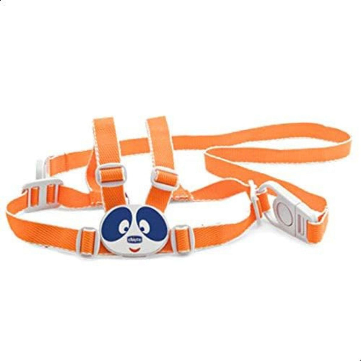 Refect Beauty orange nylon baby safety harness with adjustable straps and a cute panda face buckle for secure walking.