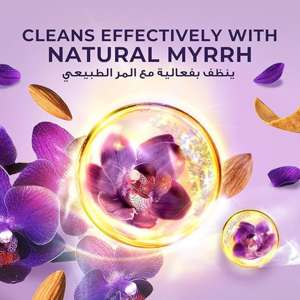 Refect Beauty Lux Orchid and Almond Oil hand wash promotional graphic featuring purple orchids and almond accents