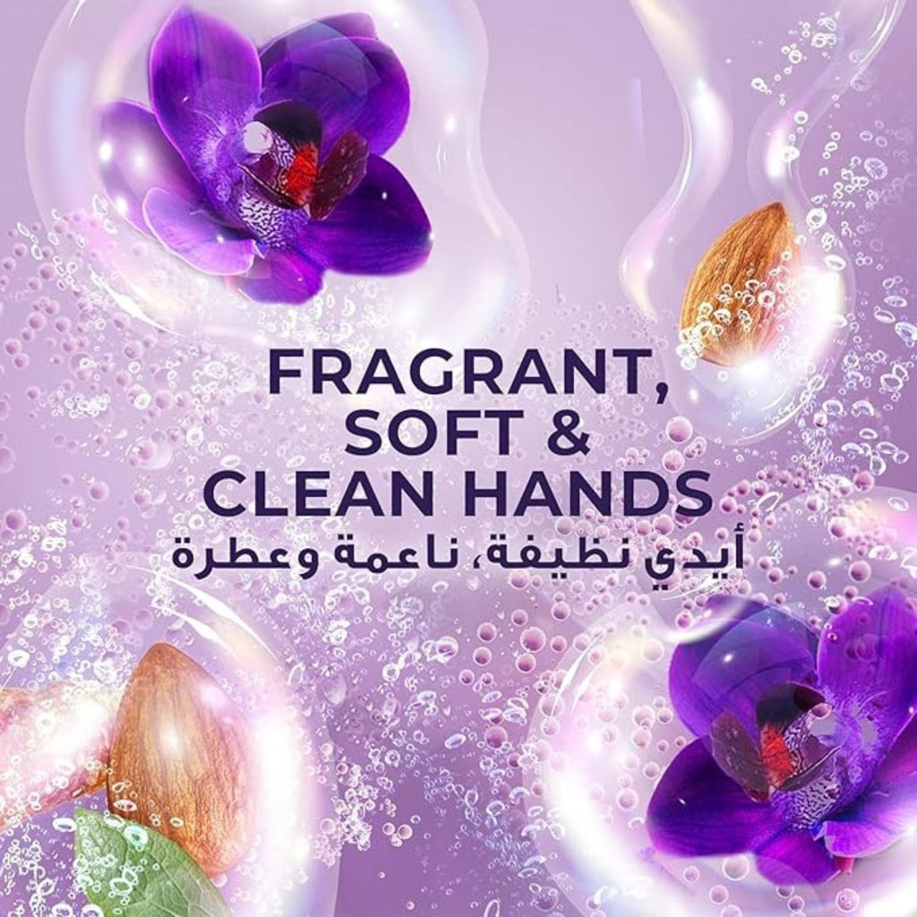 Refect Beauty Lux hand wash advertisement featuring purple orchids, almond nuts, and refreshing water bubbles.