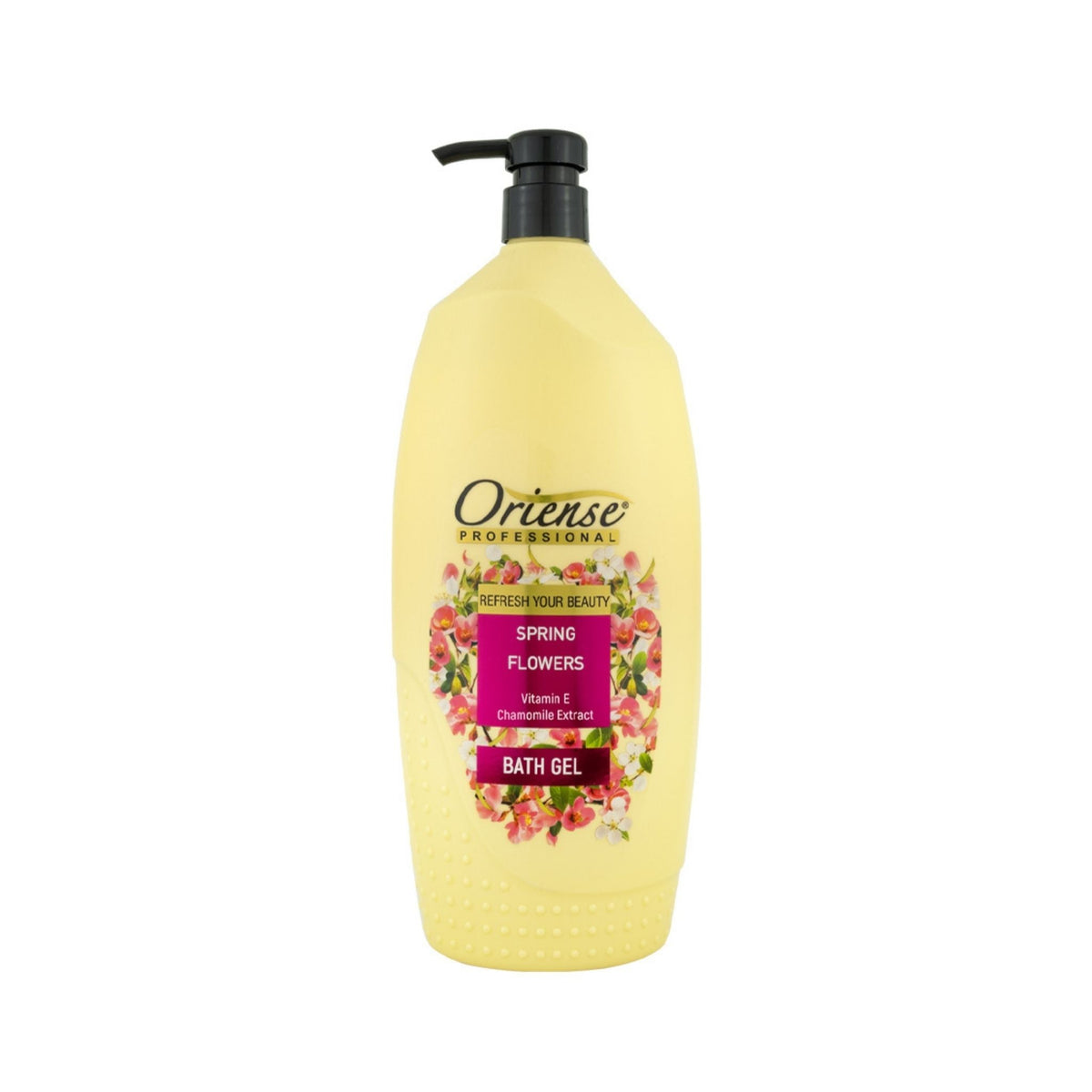 Refect Beauty Oriense Professional Spring Flowers bath gel in a yellow pump bottle with floral label design.