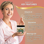 Refect Beauty Oriense body scrub with Monoi and Hawaii flowers held by a smiling woman in a pink shirt